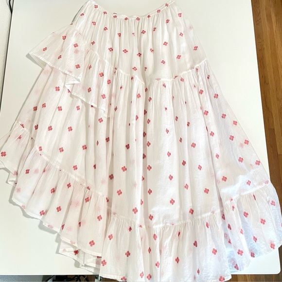 Anaak Delá Embroidered Asymmetrical Ruffle Midi Skirt Rouge Blanc Jamdani 0 XS - Picture 9 of 16